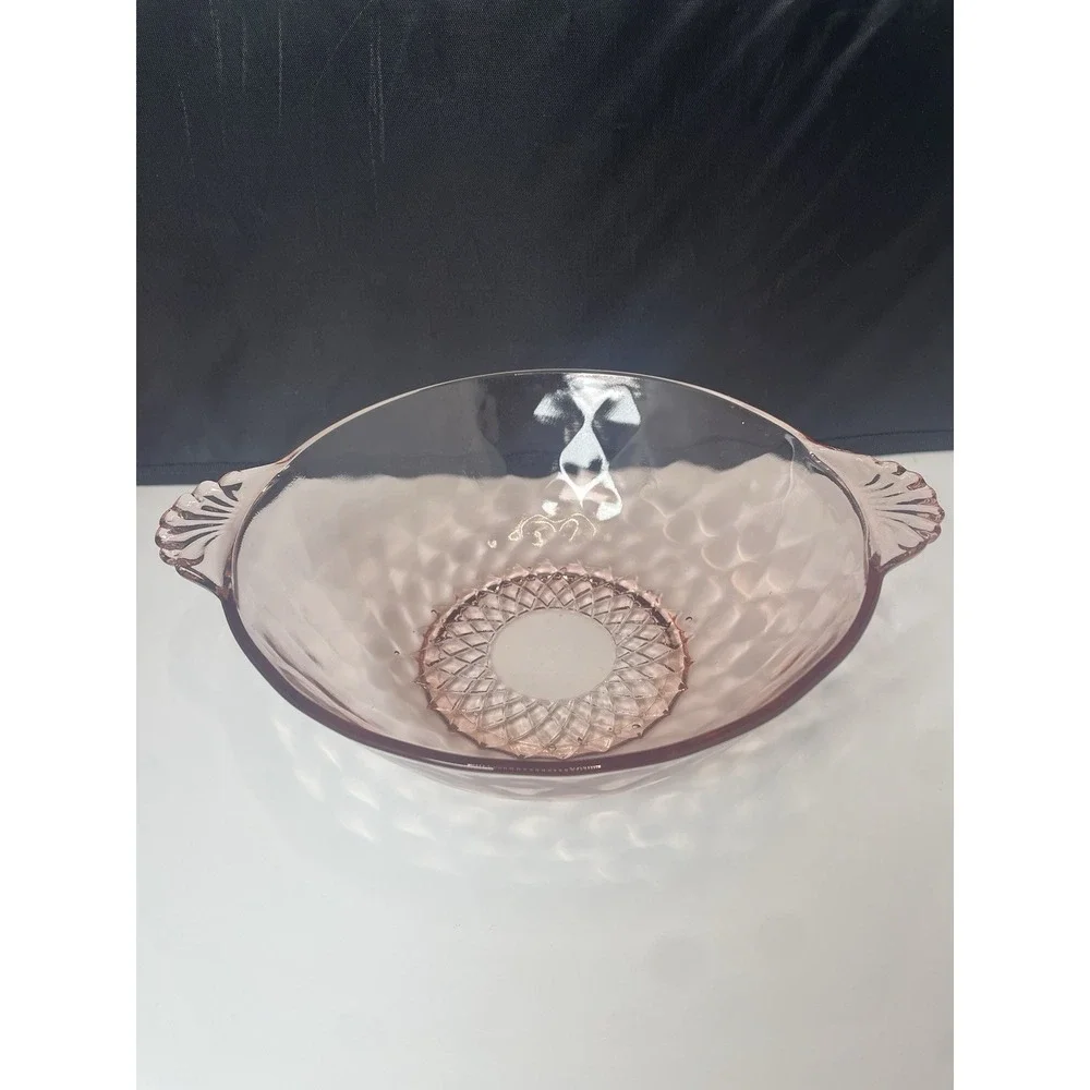 Pink Rose Depression Glass Handles Fruit Dessert Snack Bowls Set‎ Of 12 Scallop